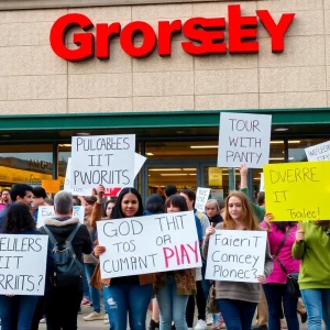 Protesters advocating for diversity and inclusion outside a grocery store