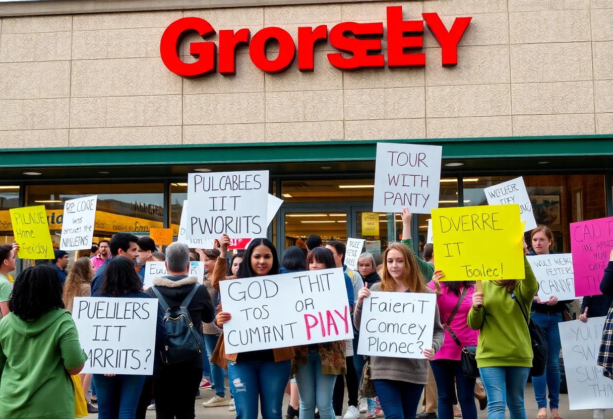 Protesters advocating for diversity and inclusion outside a grocery store
