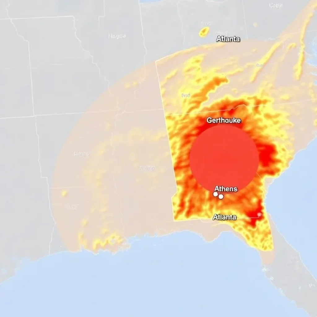Seismic map showing the impact of the 4.1 magnitude earthquake in North Georgia and surrounding areas.