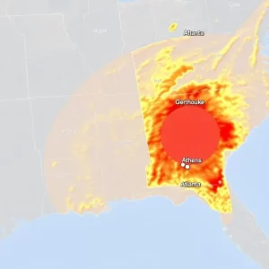 Seismic map showing the impact of the 4.1 magnitude earthquake in North Georgia and surrounding areas.