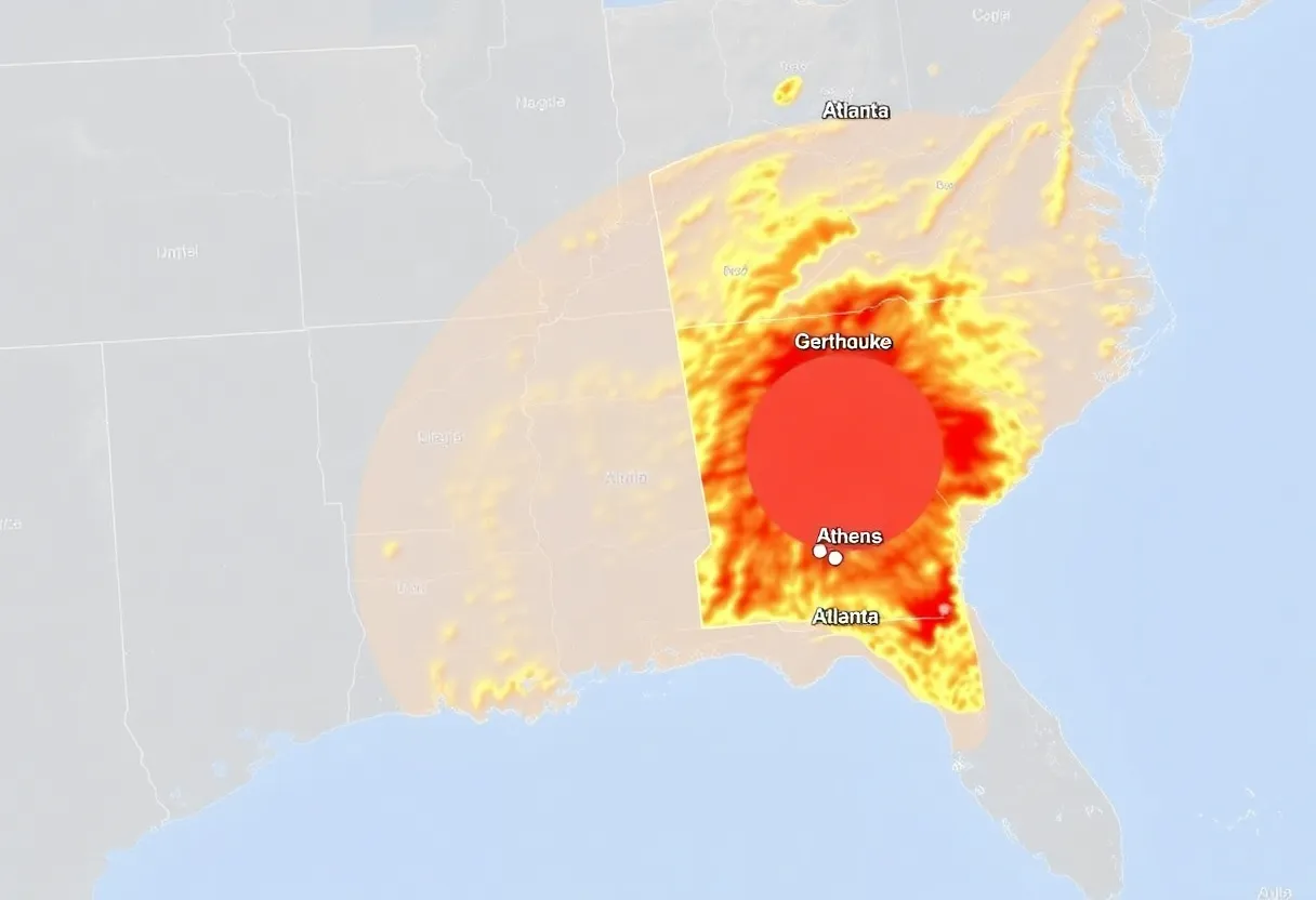 Seismic map showing the impact of the 4.1 magnitude earthquake in North Georgia and surrounding areas.
