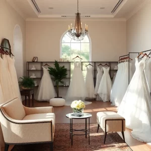 Interior view of En Blanc Bridal Boutique in Atlanta with elegant wedding gowns displayed.