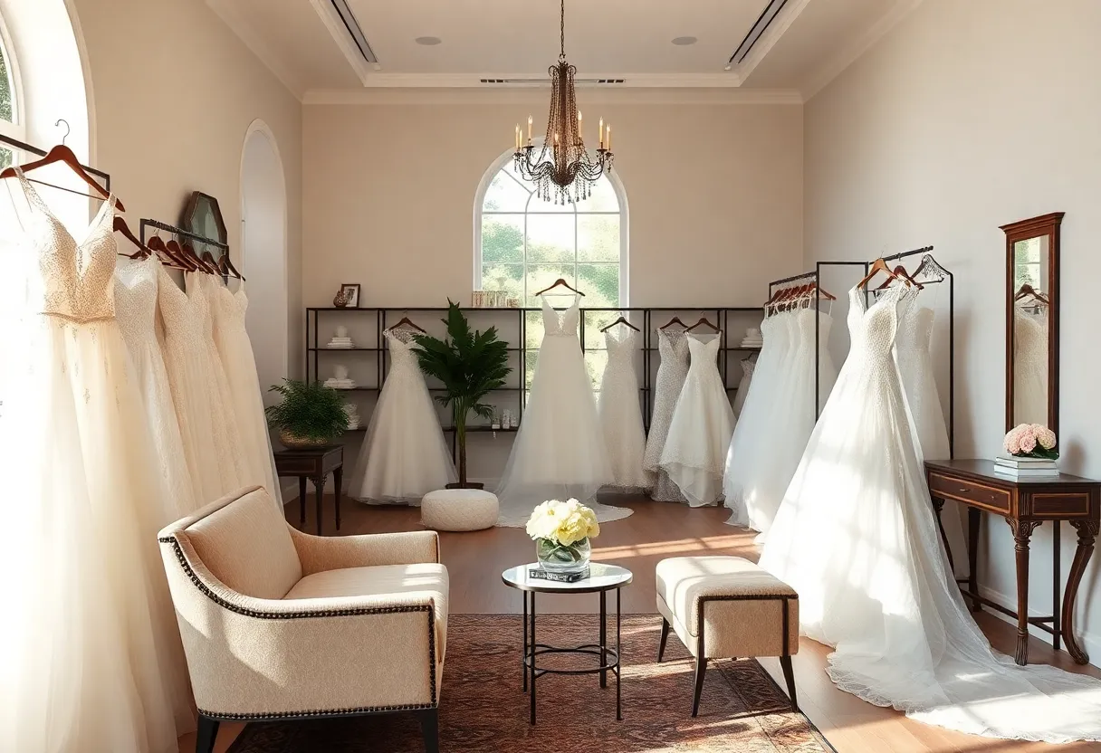Interior view of En Blanc Bridal Boutique in Atlanta with elegant wedding gowns displayed.