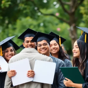 A joyful family celebrating their graduation together with caps and diplomas.