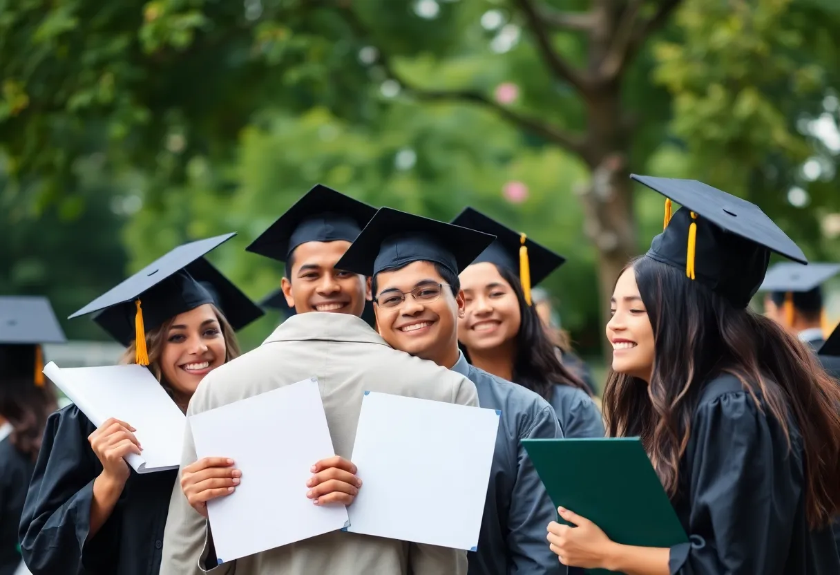 A joyful family celebrating their graduation together with caps and diplomas.