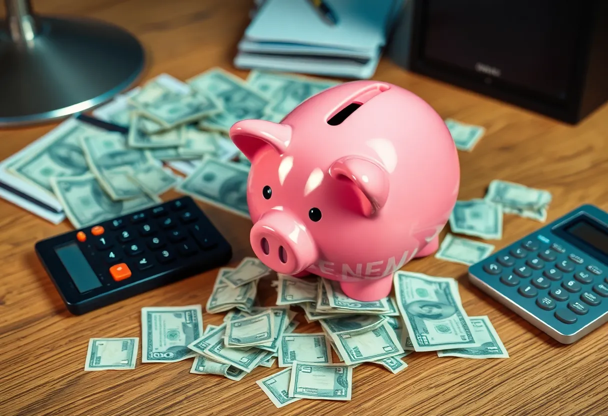 Conceptual image representing financial fraud with money and calculator.