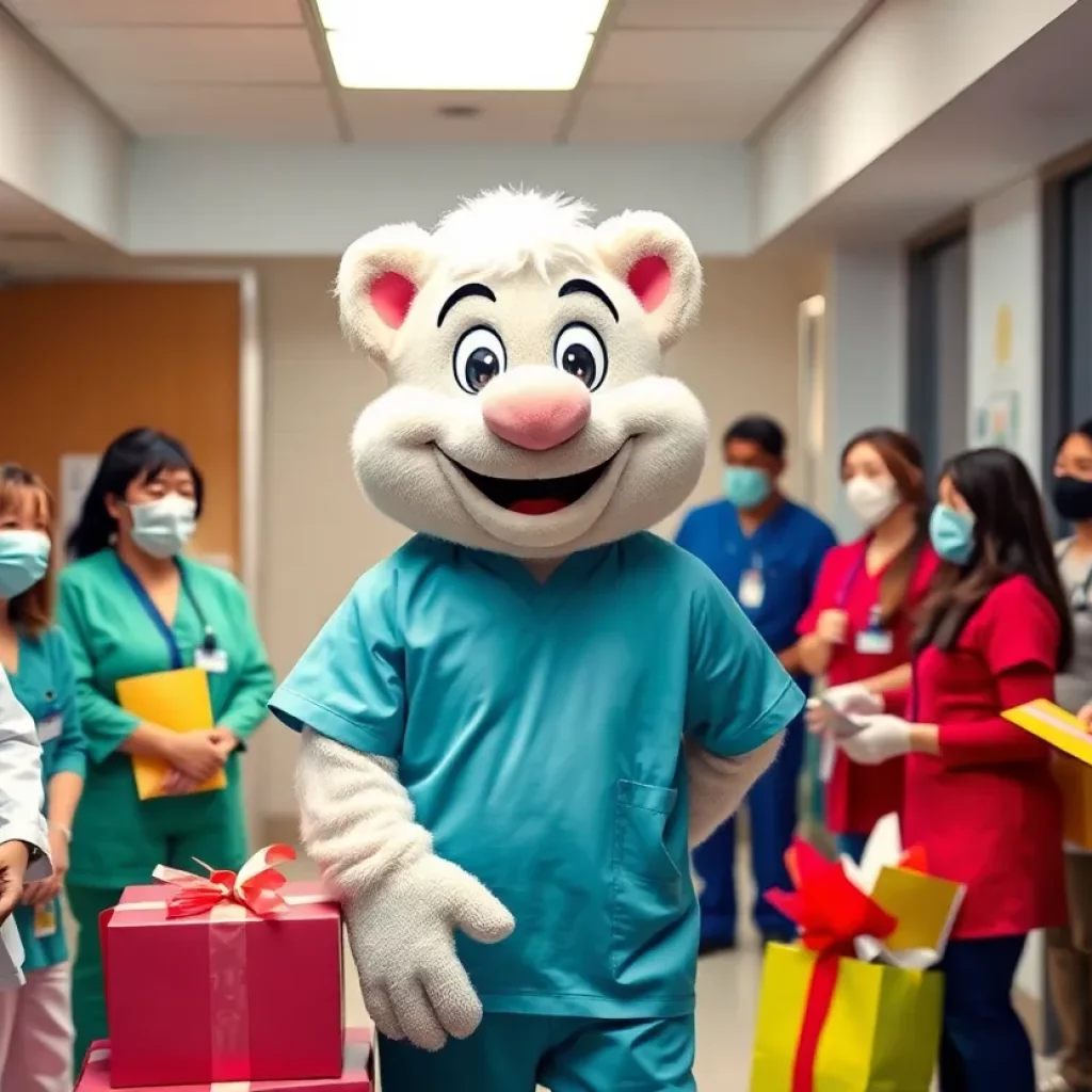 Freddie Falcon, the mascot, visiting nurses with appreciation gifts in a hospital setting.