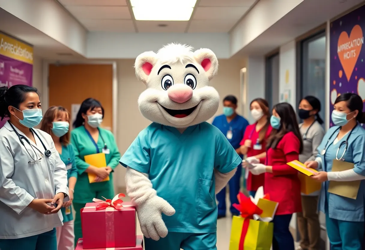 Freddie Falcon, the mascot, visiting nurses with appreciation gifts in a hospital setting.