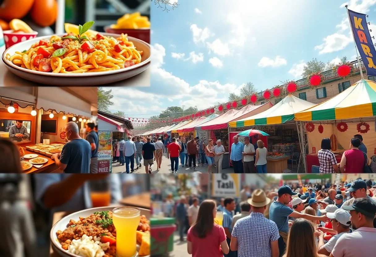 Scenes from Georgia food festivals featuring diverse dishes and joyful attendees