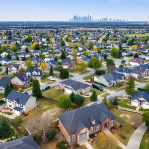 Aerial view of diverse single-family homes in Georgia, showcasing suburban life.