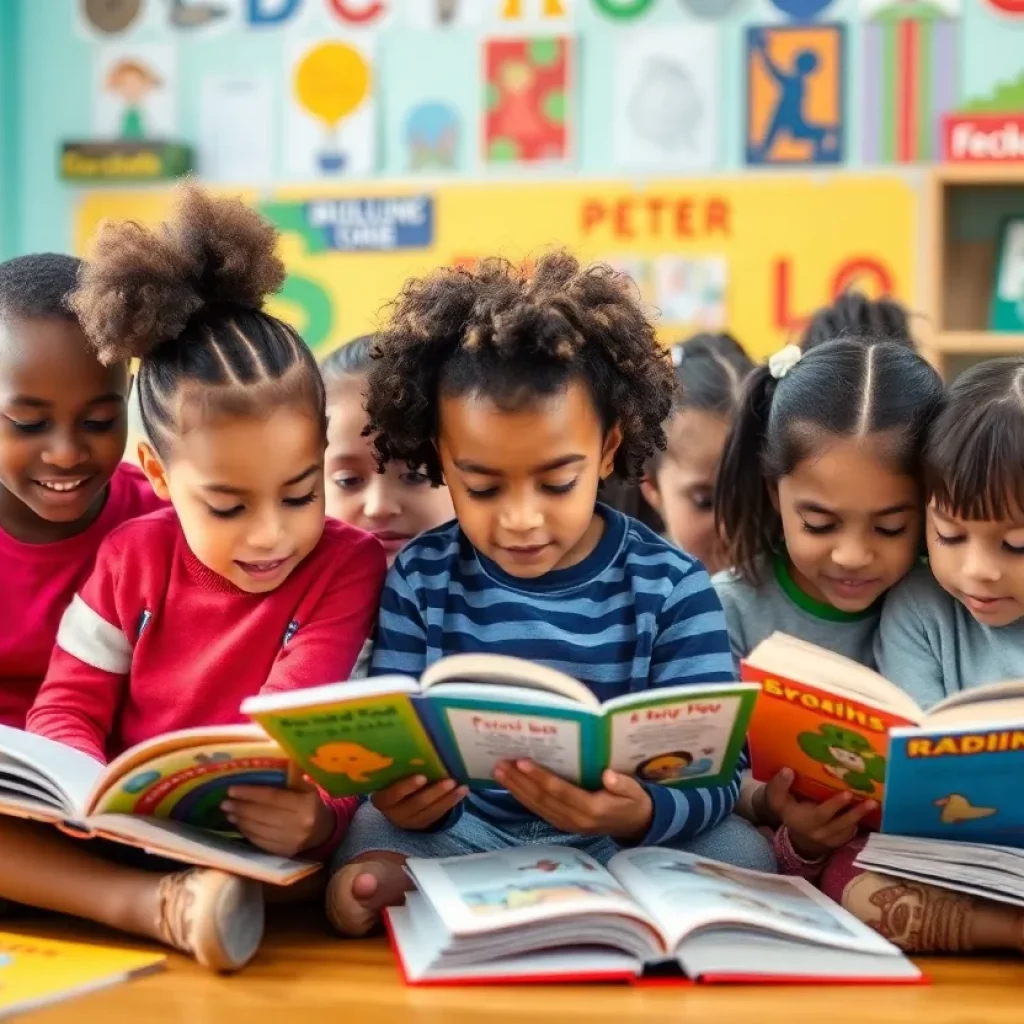 Children reading in a classroom environment promoting literacy