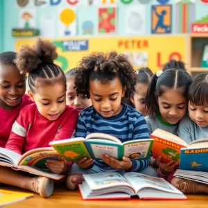 Children reading in a classroom environment promoting literacy