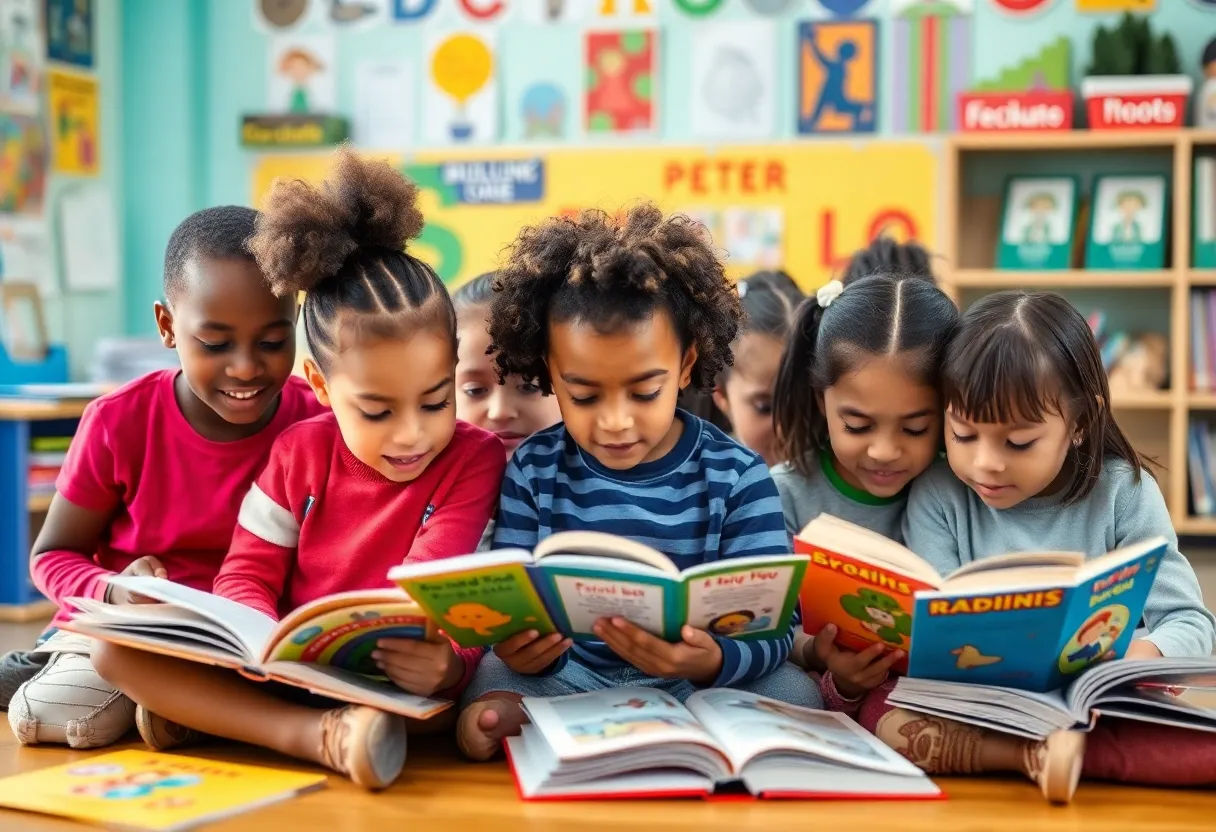 Children reading in a classroom environment promoting literacy