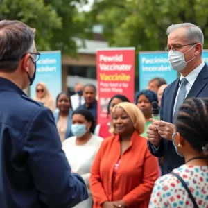 Public health official addressing community about measles vaccination.