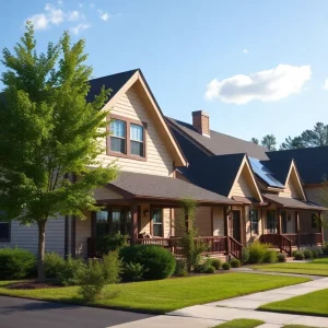 Houses in Atlanta with solar panels, representing Georgia Power's stable energy rates.