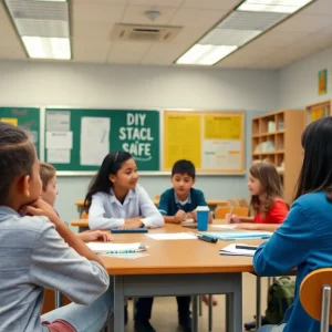 Students and teachers in a safe school environment with safety measures in place.