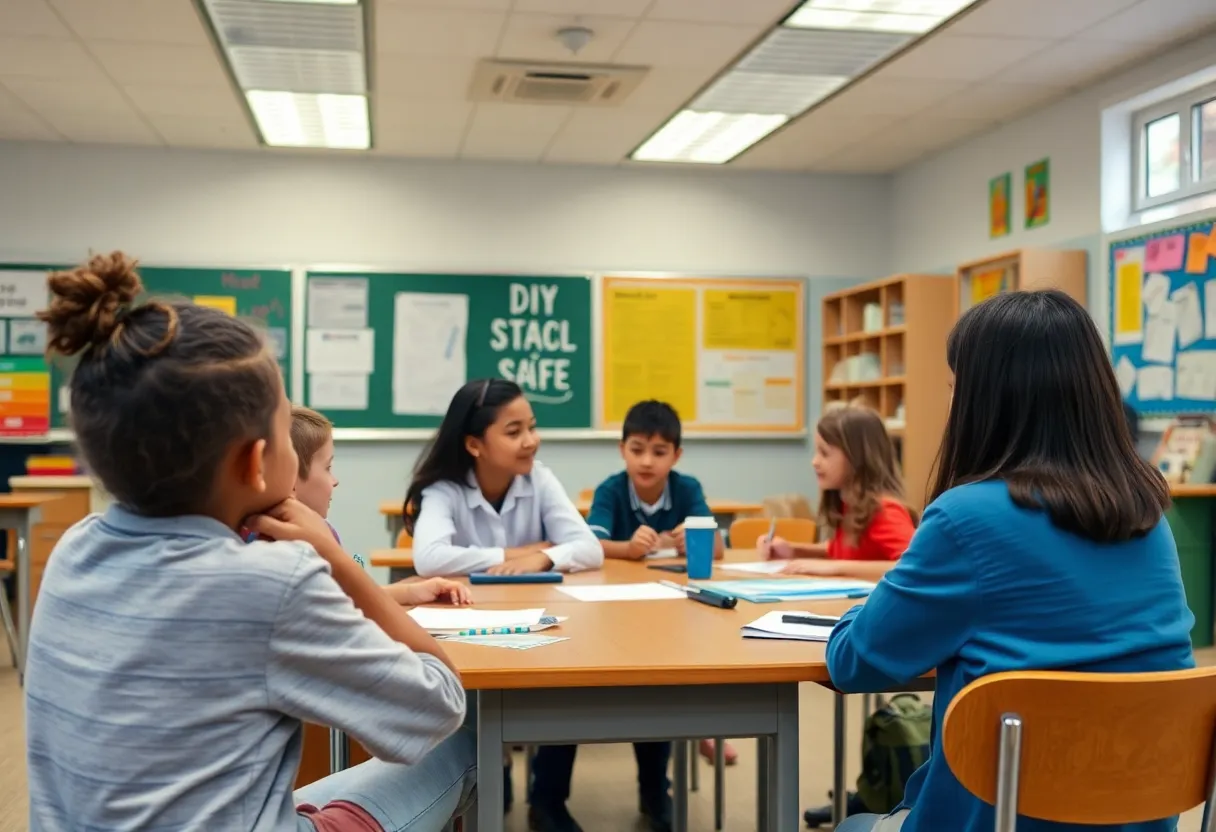 Students and teachers in a safe school environment with safety measures in place.