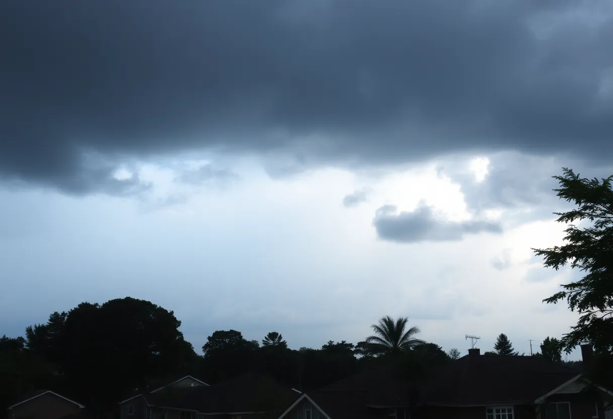 Dark storm clouds gathering over a neighborhood in Georgia
