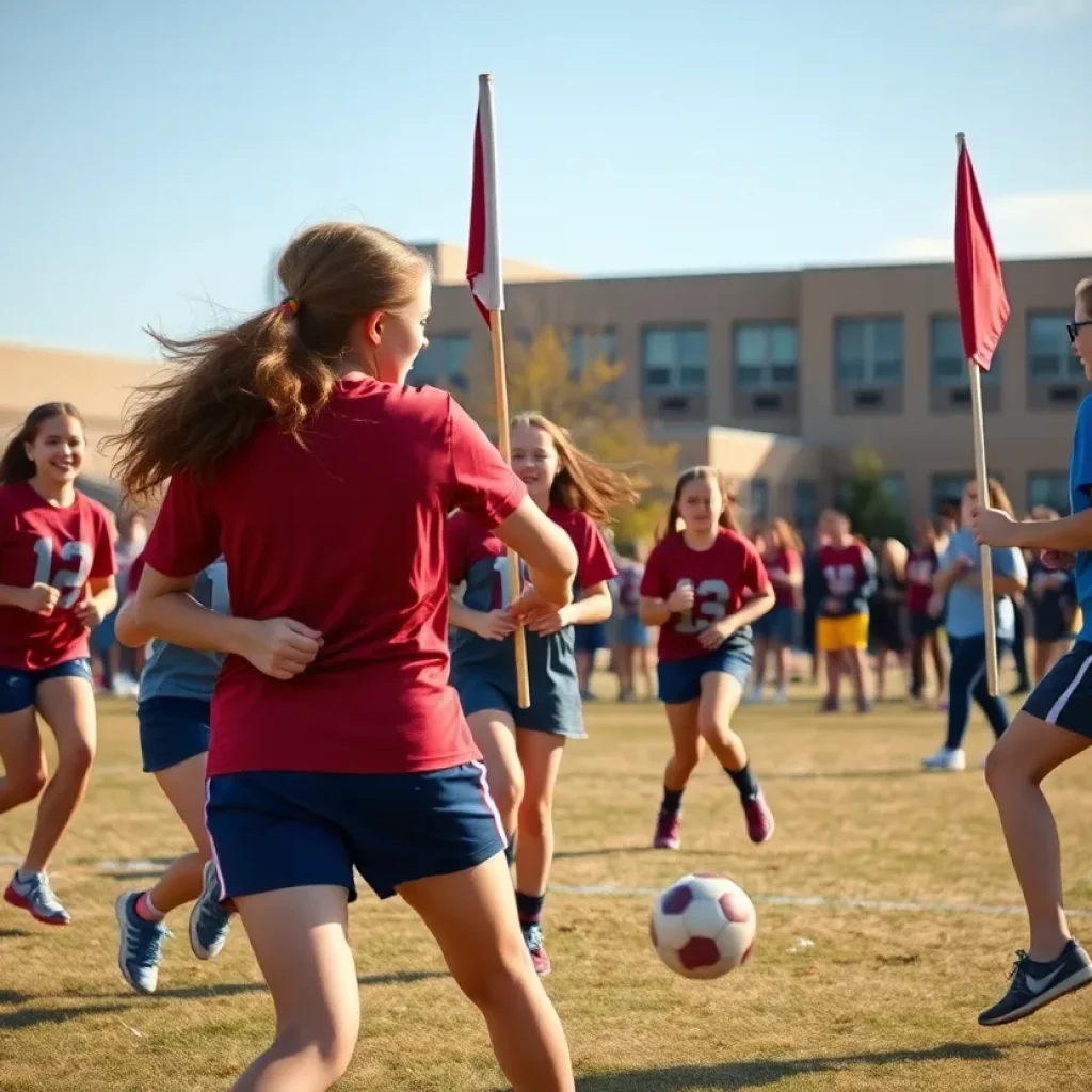 High school girls engaged in a flag football game on a sunny day.