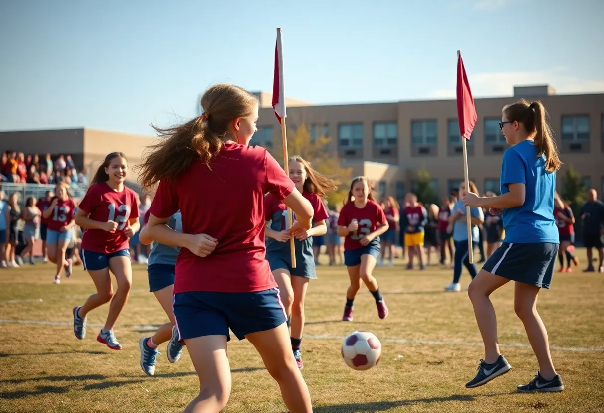 High school girls engaged in a flag football game on a sunny day.