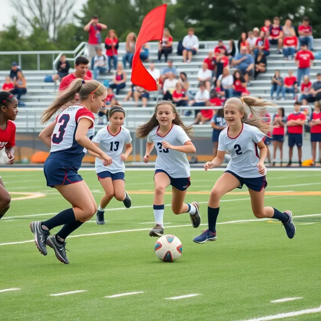 Young female athletes participating in flag football