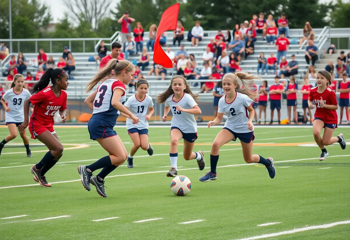 Young female athletes participating in flag football