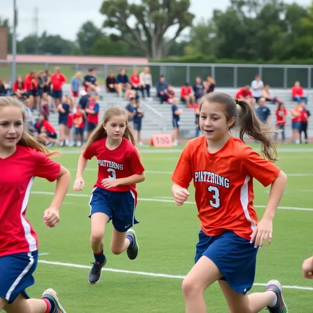 Girls competing in a flag football game at a high school.