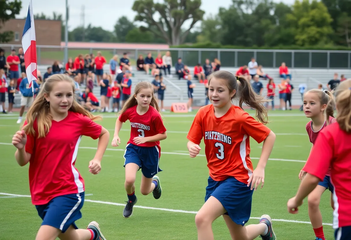 Girls competing in a flag football game at a high school.
