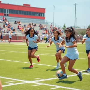 High school girls practicing flag football on a sunny field.