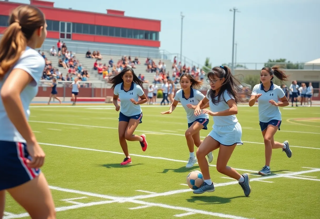 High school girls practicing flag football on a sunny field.