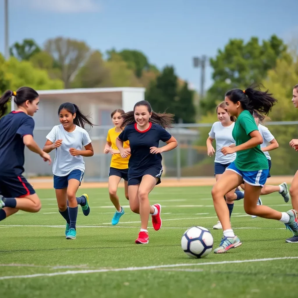 Young female athletes playing flag football together
