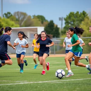 Young female athletes playing flag football together