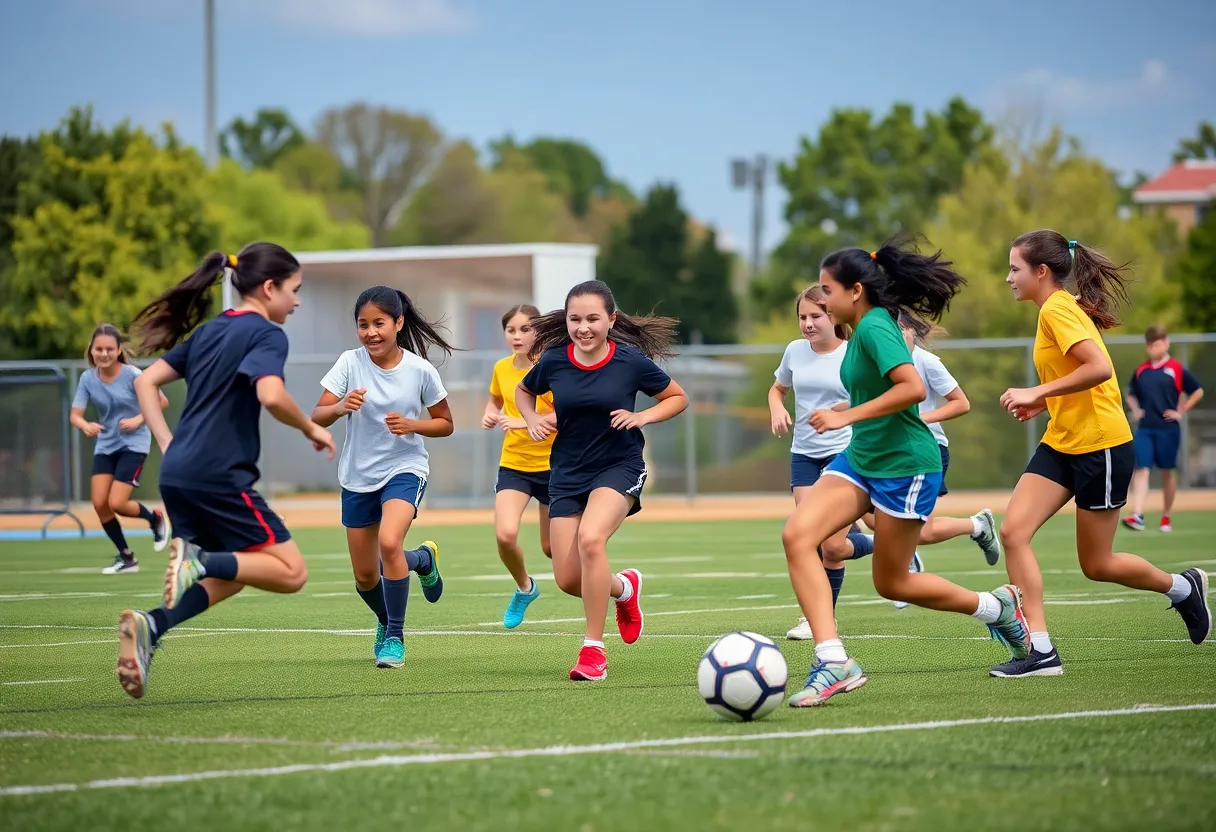 Young female athletes playing flag football together