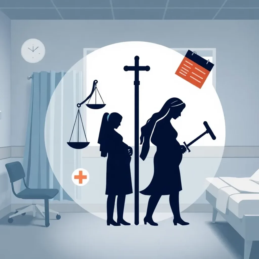 Illustration showing healthcare and legal aspects related to maternity care