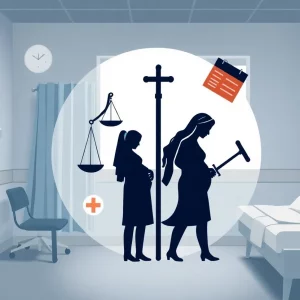 Illustration showing healthcare and legal aspects related to maternity care