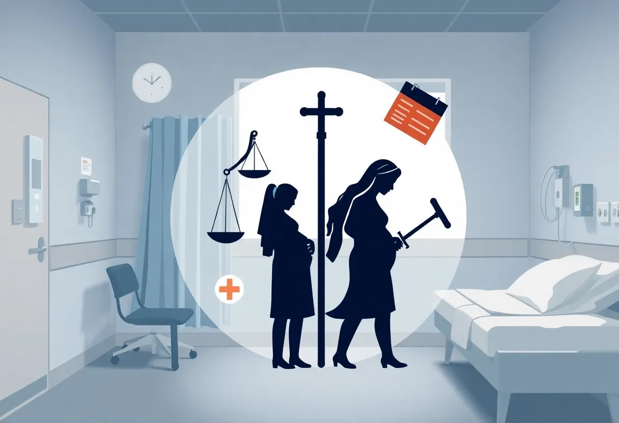 Illustration showing healthcare and legal aspects related to maternity care