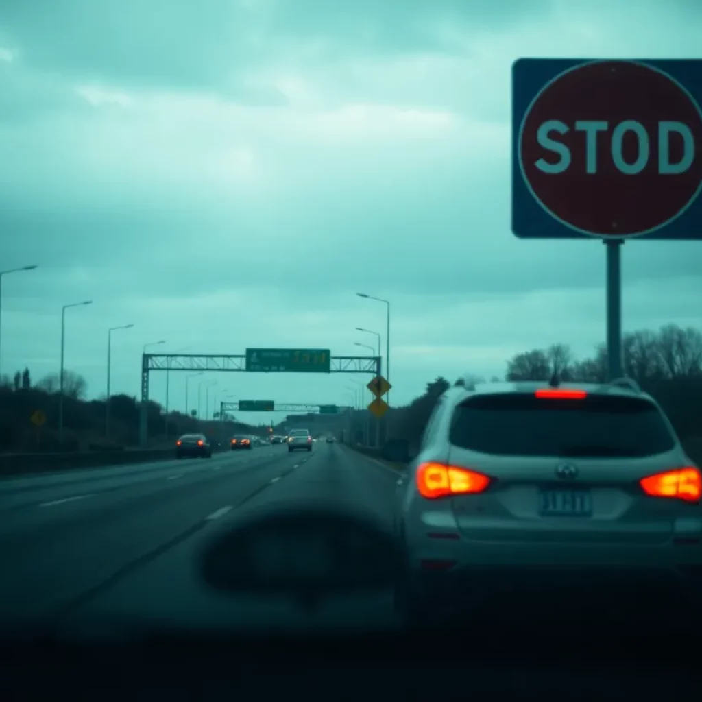 A highway scene symbolizing a vehicular incident with traffic signs.