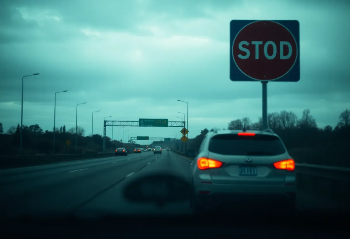 A highway scene symbolizing a vehicular incident with traffic signs.