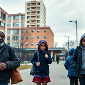 A family navigating housing instability with a school in the background.