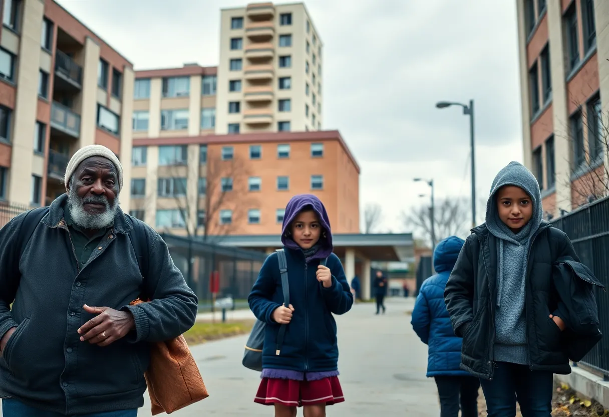 A family navigating housing instability with a school in the background.