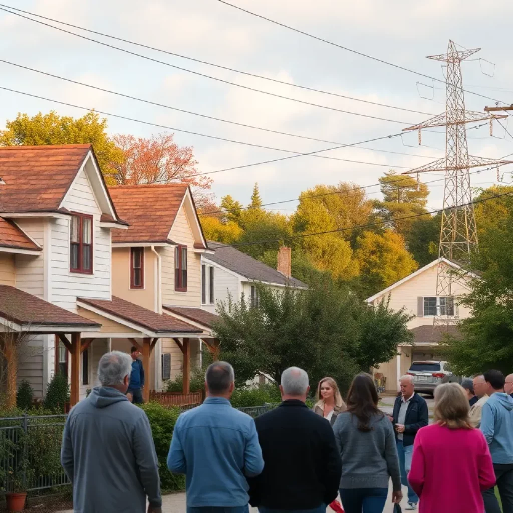 Residents discussing concerns about high-voltage power lines near their homes in Howell Station.