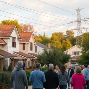 Residents discussing concerns about high-voltage power lines near their homes in Howell Station.