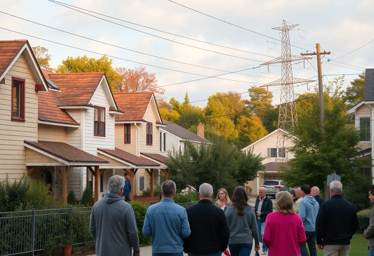 Residents discussing concerns about high-voltage power lines near their homes in Howell Station.