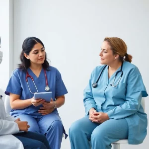 Healthcare workers discussing maternal mental health support.