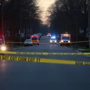 Police and emergency vehicles on a residential street following a shooting incident in Monroe, Georgia.
