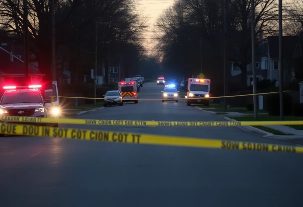 Police and emergency vehicles on a residential street following a shooting incident in Monroe, Georgia.