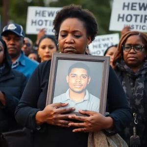 Grieving mother holding a photo of her son in a supportive community gathering