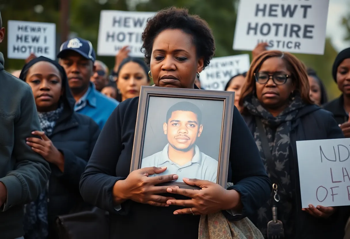 Grieving mother holding a photo of her son in a supportive community gathering