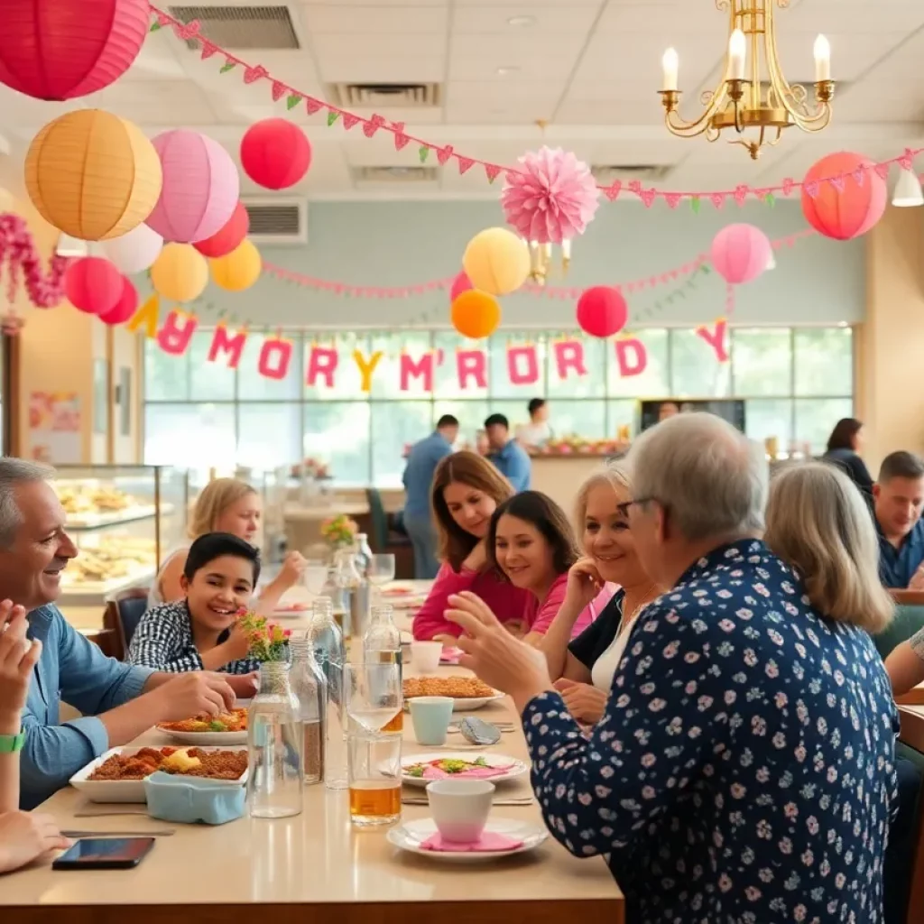 Families celebrating Mother's Day with brunch at a festive venue in Atlanta.