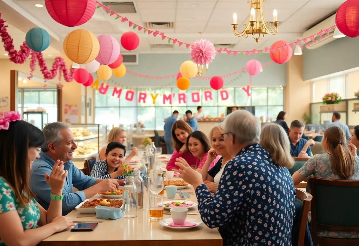 Families celebrating Mother's Day with brunch at a festive venue in Atlanta.